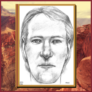 pencil sketch of a reconstruction of what Kolb skeleton John Doe's face may have looked like in life. The background image displays the Grand Canyon.