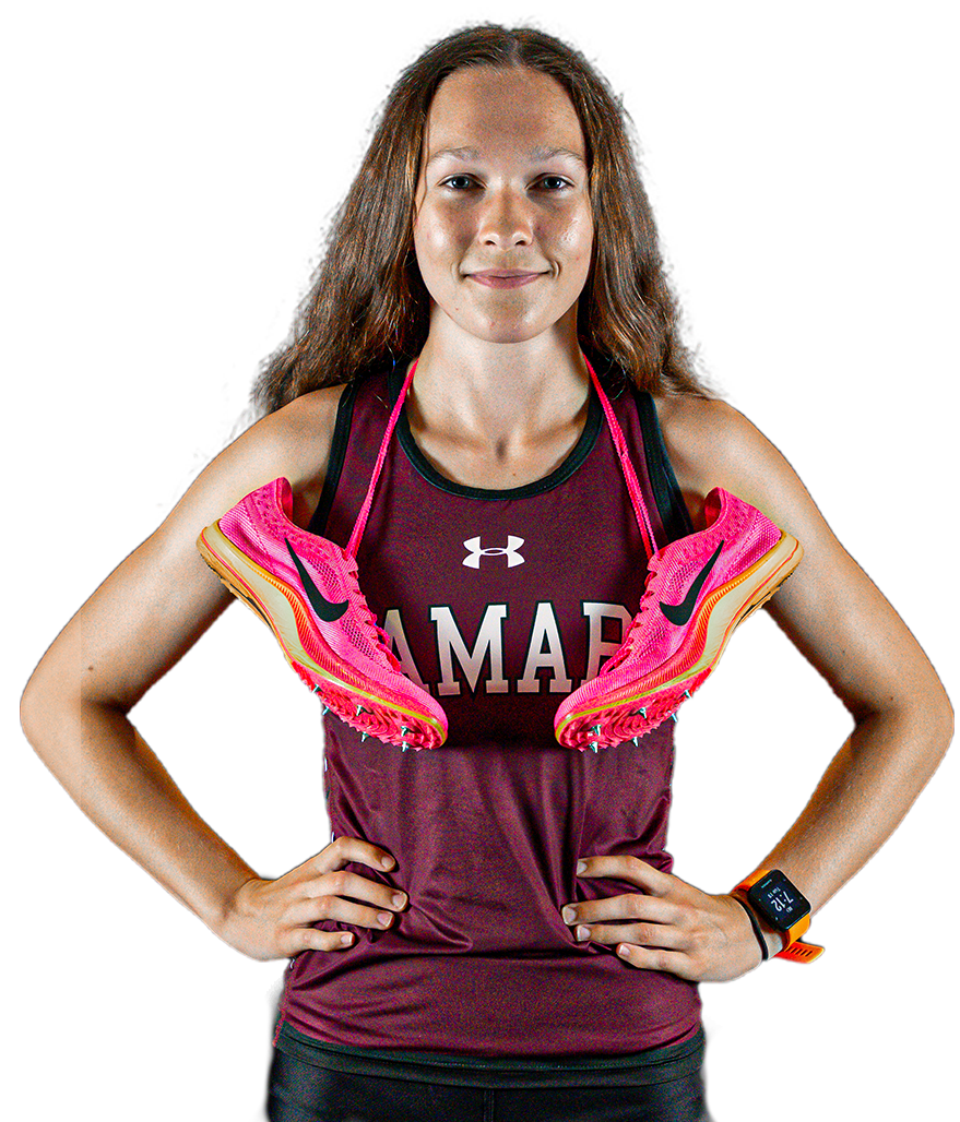 Ramapo College athlete, Dale Leonard, wearing pink sneakers around her neck